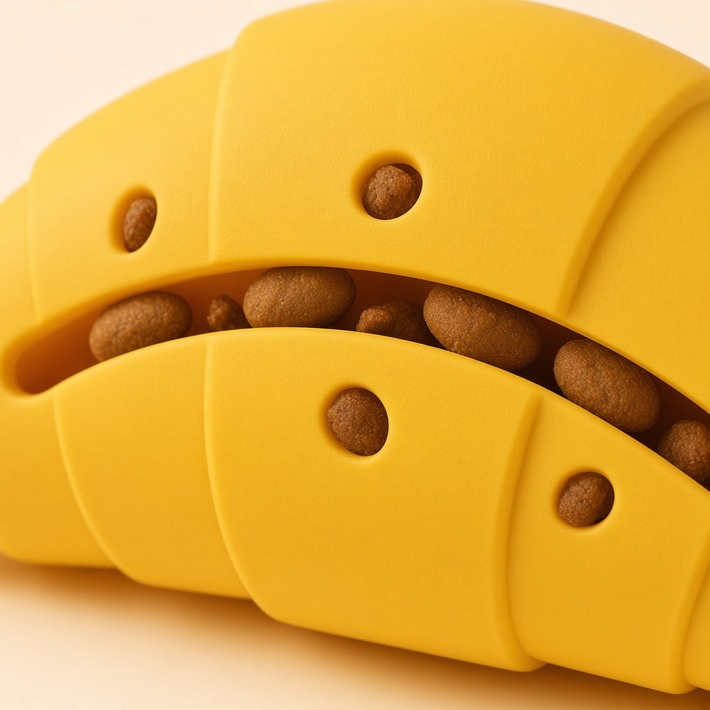 Croissant Treat Toy holes and slit with kibble