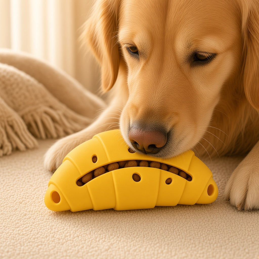Dog sniffing Croissant Treat Toy with kibble